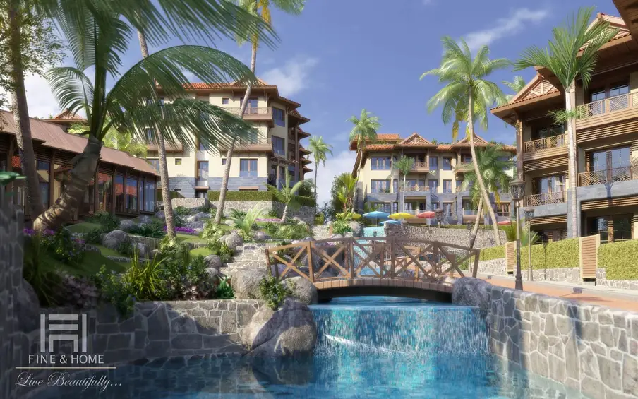 Мост над водопадиком в экстерьере ЖК HAWAII