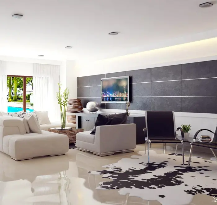 Современный дизайн интерьера гостиной в частном доме - проект студии Fine and Home