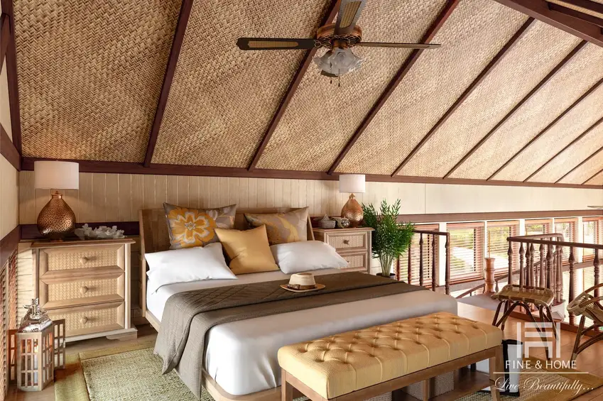 Спальня под наклонной крышей в бунгало