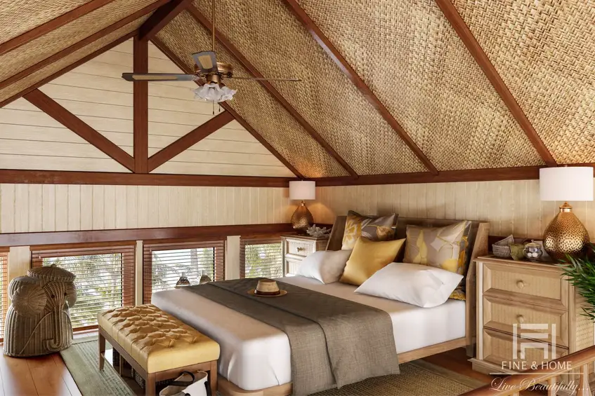 Спальня в золотых и коричневых тонах под наклонной крышей