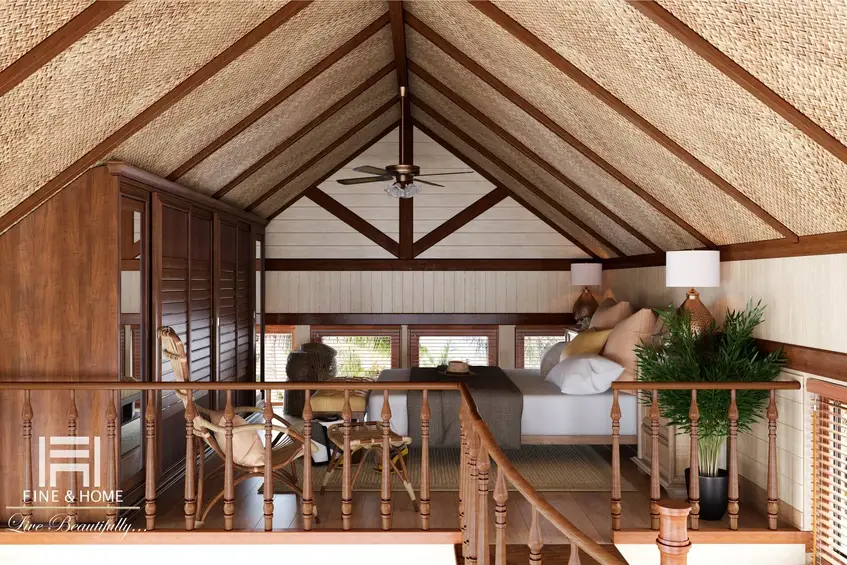 Вид спальни от лестницы в бунгало