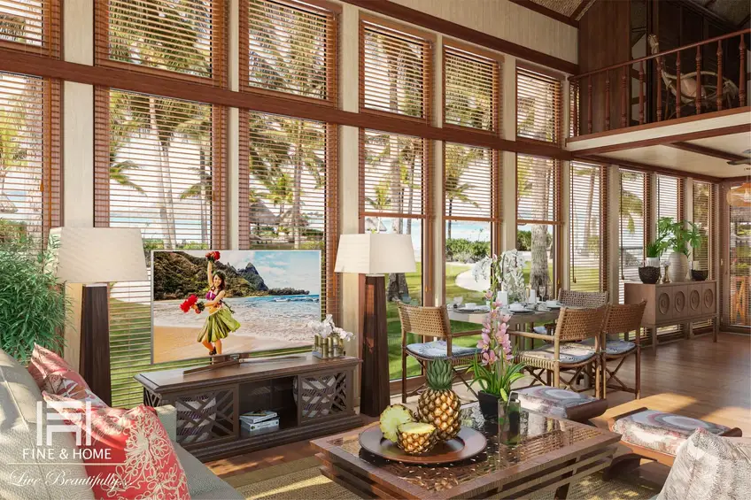 Вид светлой гостиной в бунгало