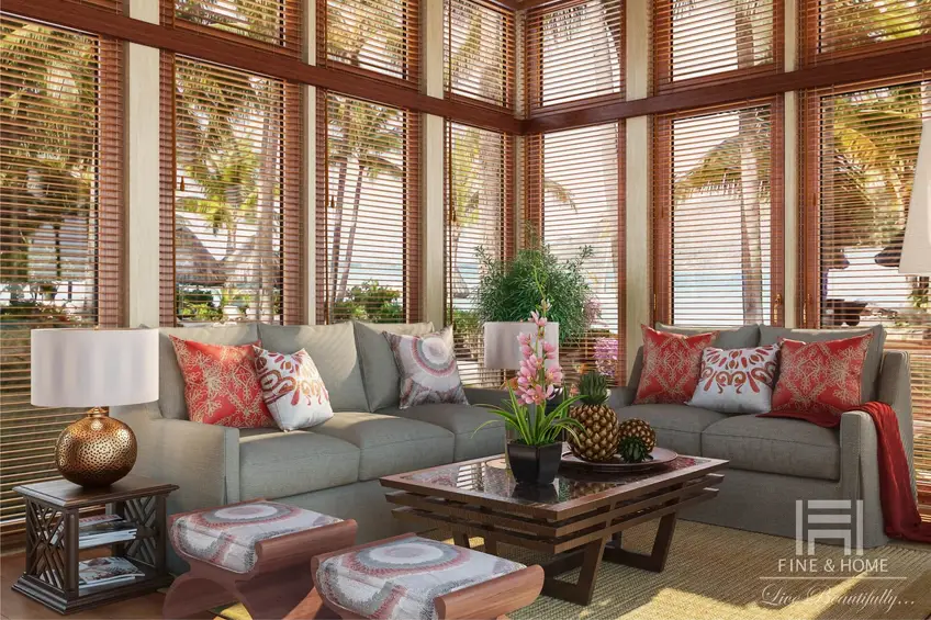 Яркие элементы гостиной в бунгало