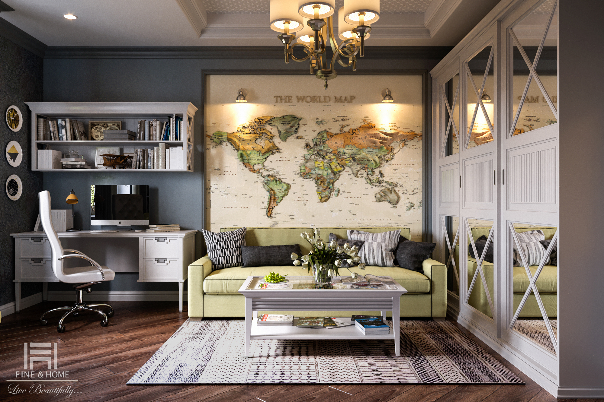 Карта мира над диваном в рабочем кабинете в стиле уютная американская классика